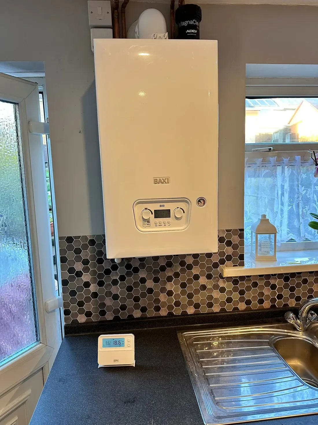 Baxi combi boiler installed above a kitchen worktop